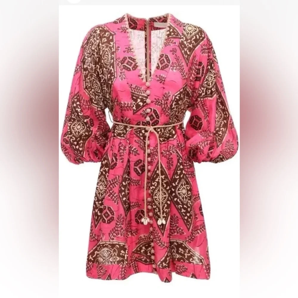 Zimmermann Lulu Pink and Brown Geometric Mini Dress - Picture 3 of 16